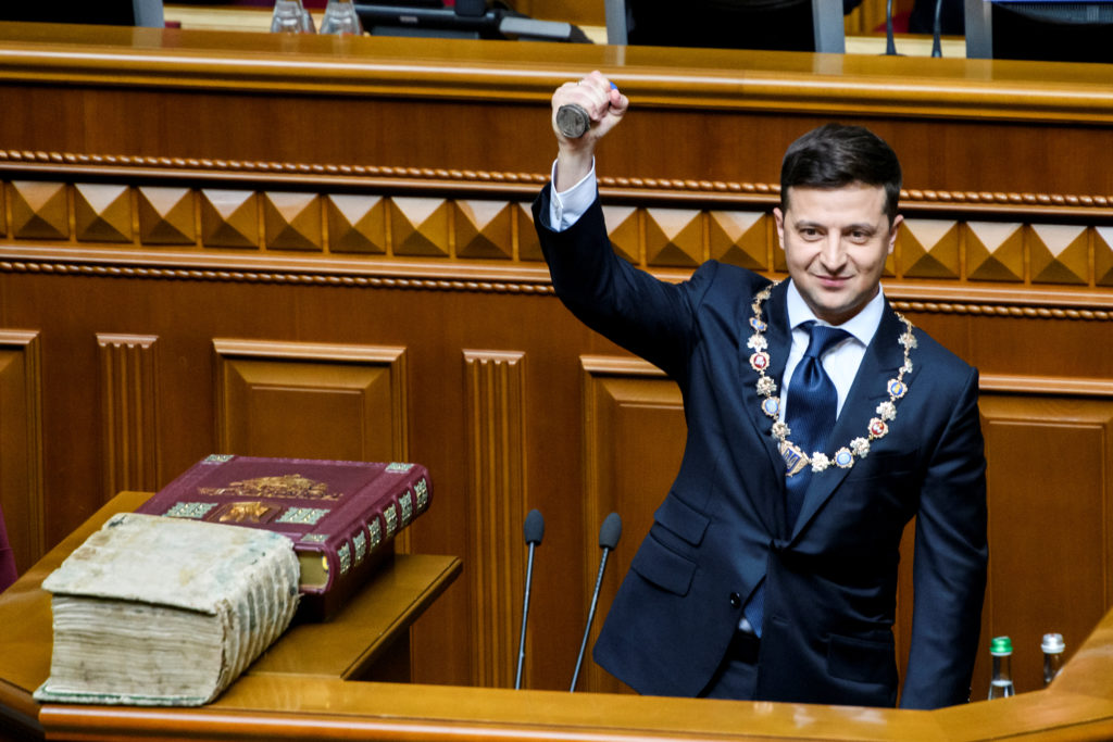 Ukraine’s President-elect Zelenskiy takes the oath during his inauguration ceremony in the parliament hall in Kiev