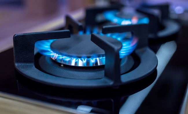 Stove. Cook stove. Modern kitchen stove with blue flames burning